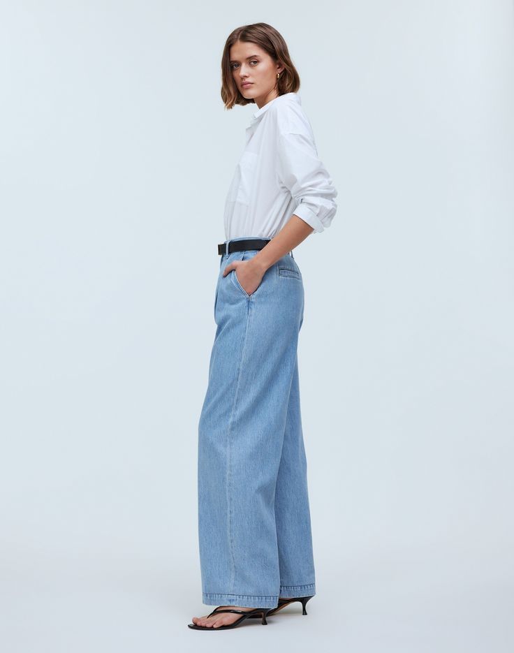 The Harlow Wide-Leg Jean in Benicia Wash: Airy Denim Edition Classic High Rise Relaxed Fit Wide Leg Pants, Classic High Rise Wide Leg Pants With Relaxed Fit, Relaxed Fit Medium Wash Wide Leg Pants For Work, Spring Wide-leg Jeans For Workwear, Chic Relaxed Fit Jeans For Elevated Casual Look, Wide-leg Jeans For Work In Medium Wash, Classic High-rise Spring Wide Leg Pants, Relaxed Fit Wide-leg Cargo Jeans, Classic High-rise Wide Leg Pants For Spring