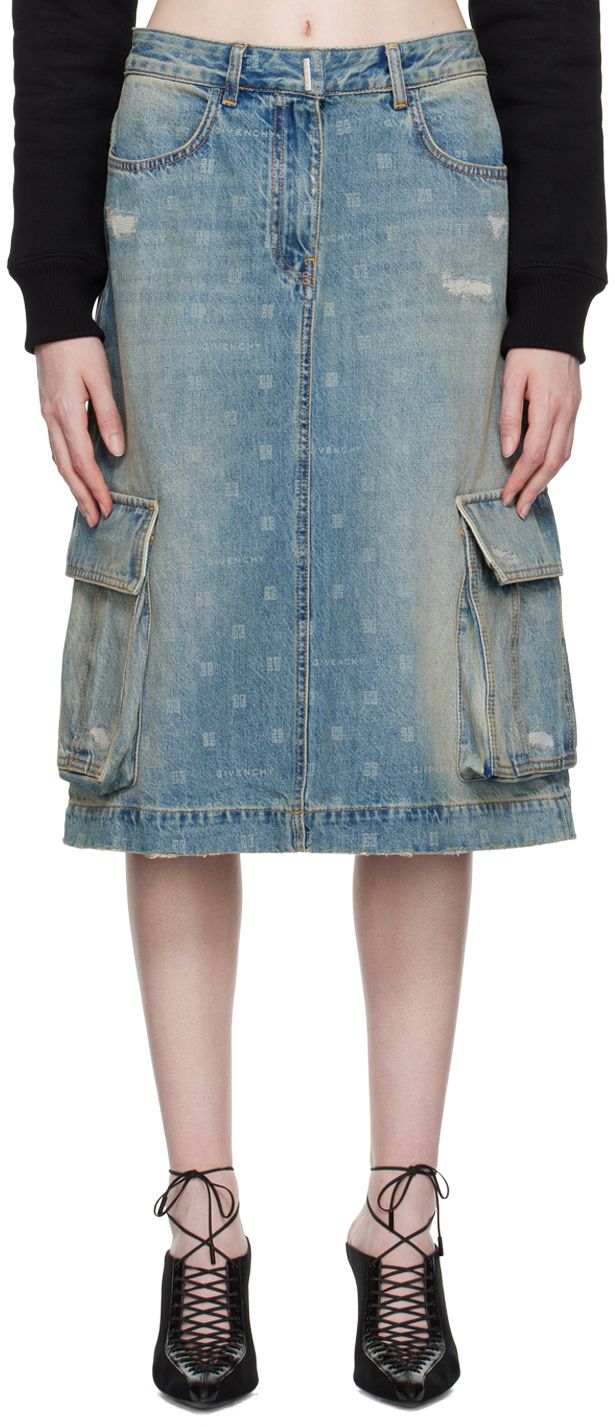 Non-stretch denim skirt. Fading, distressing, and printed logo pattern throughout. · Belt loops · Four-pocket styling · Zip-fly · Raw edge at hem · Cargo pocket at outseams · Logo-engraved silver-tone hardware · Contrast stitching in yellow Supplier color: Medium blue Free Denim Skirt Pattern, Off White Belt, Distressed Skirt, Midi Denim, Distressed Denim Skirt, Denim Pocket, Leather Pencil Skirt, Givenchy Women, Cargo Skirt