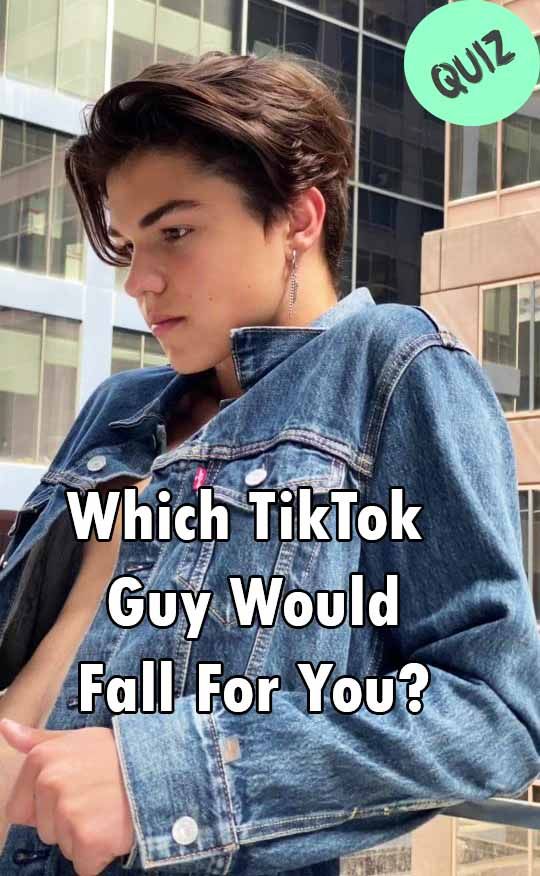 a woman in a jean jacket looking at her cell phone with the caption which tiktok guy would fall for you?