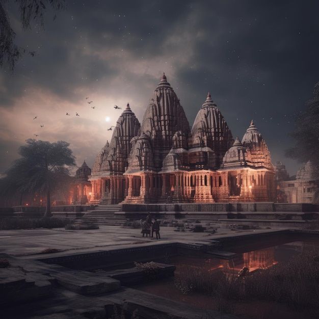 an artist's rendering of a temple in the middle of a night time scene