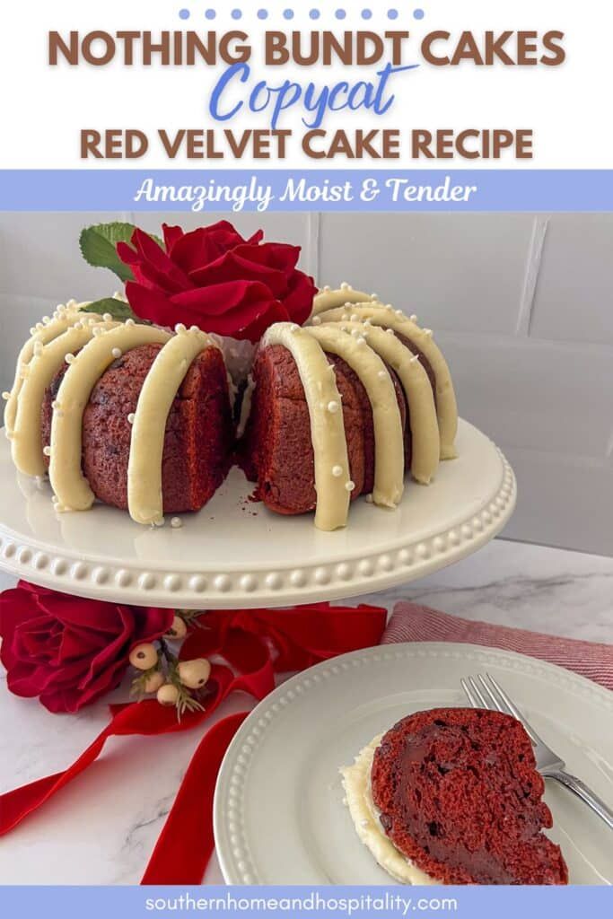 a red velvet bundt cake with white frosting on top and a single slice cut out