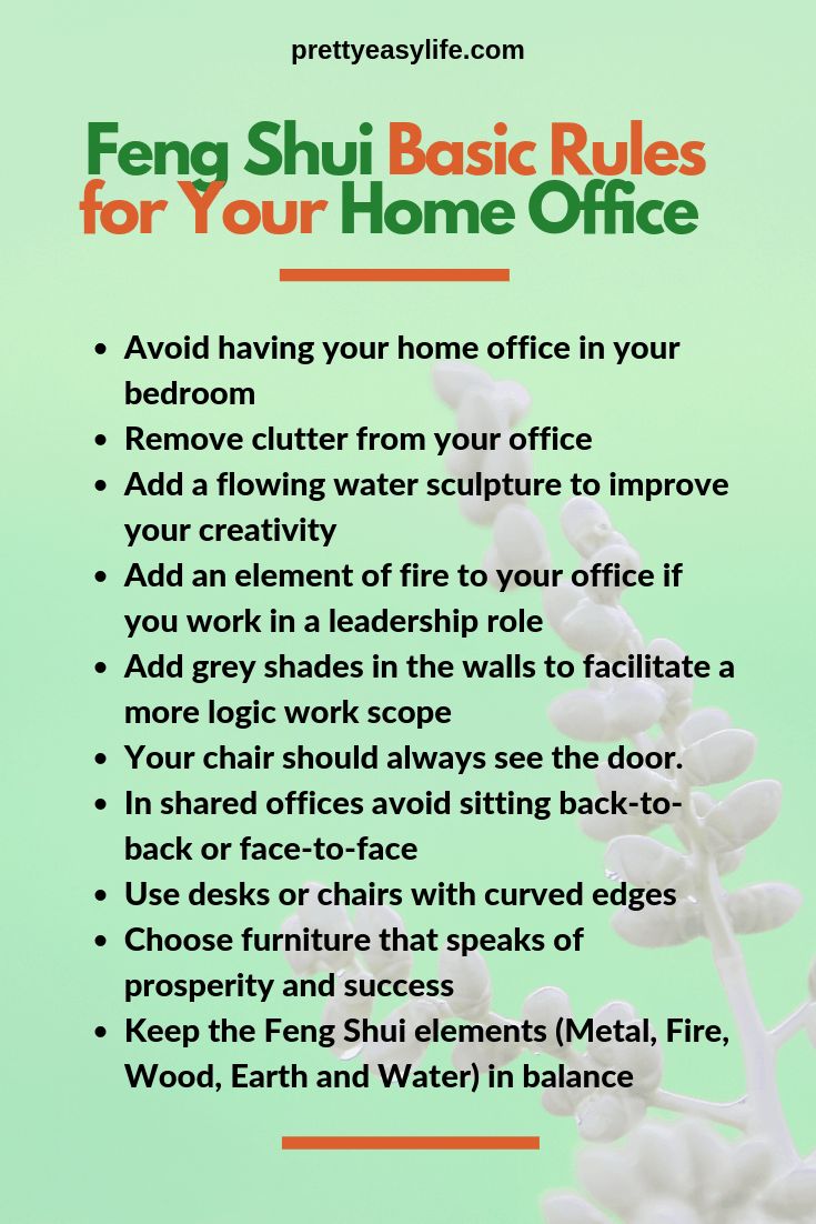 a green poster with the words feng shu basic rules for your home office