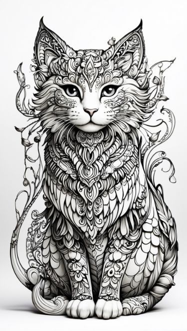 a black and white drawing of a cat with intricate designs on it's face