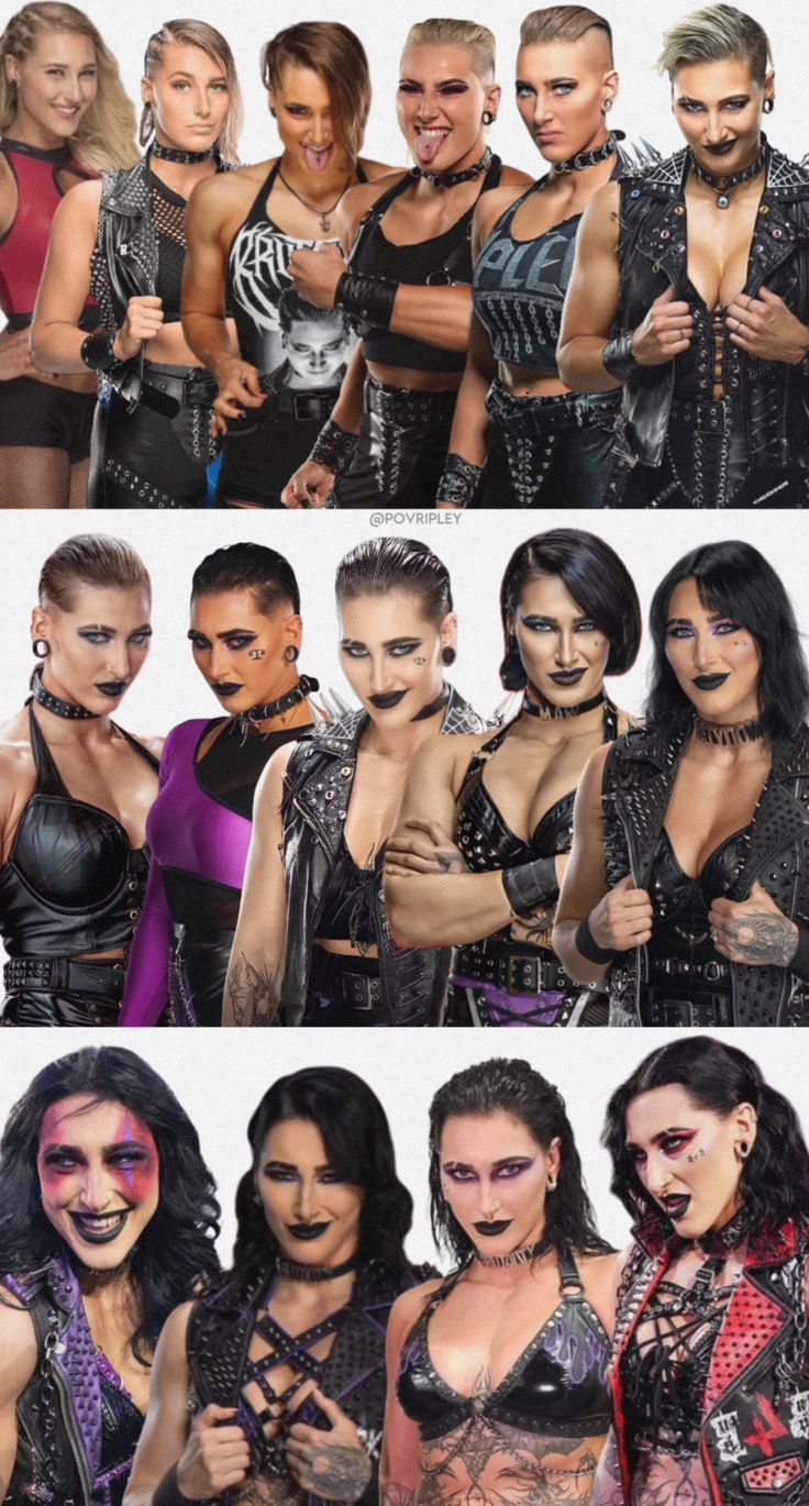 several different pictures of women in leather outfits and makeup on their faces, with the same woman