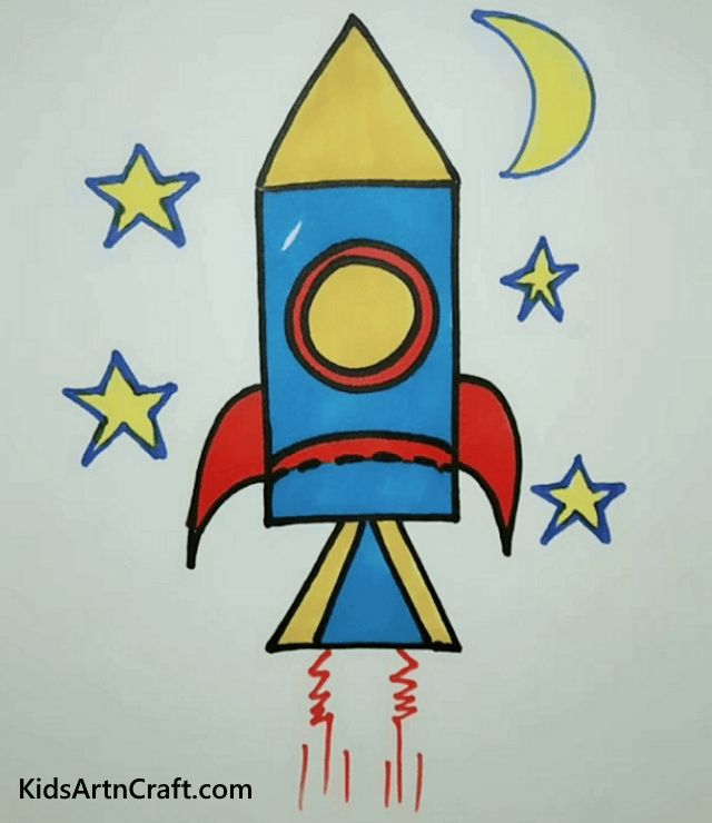 a drawing of a rocket ship with stars around it