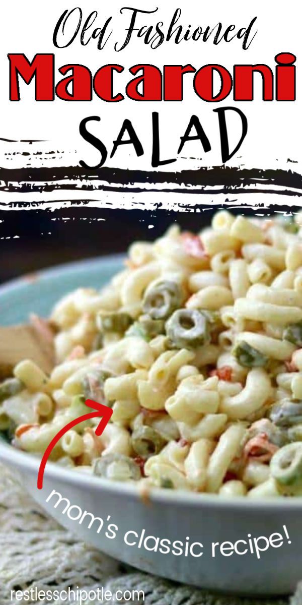 macaroni salad in a bowl with the title above it