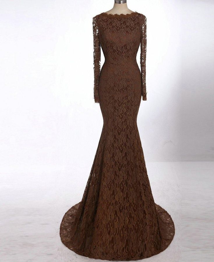 Long Sleeve Lace Evening Gown, Brown Dresses Formal, Brown Lace Dress, Formal Ball Gown, Lace Gown Styles, Lace Evening Gowns, Formal Wear Dresses, Designer Evening Dresses, Brown Long Sleeve