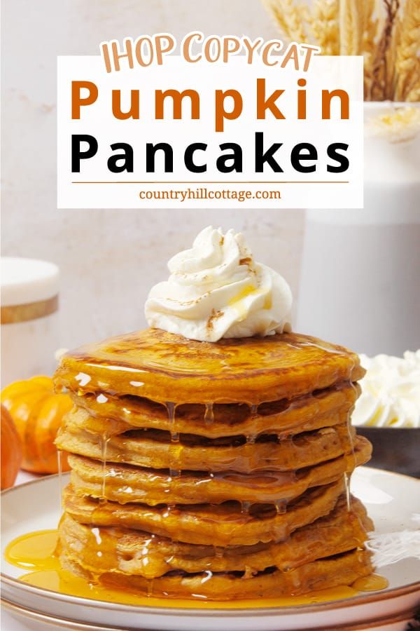 a stack of pancakes with whipped cream on top and the words, hop copy pumpkin pancakes