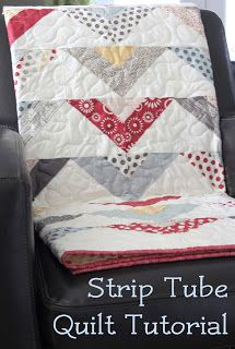 a chair with a quilt on it and the words strip tube quilts written below