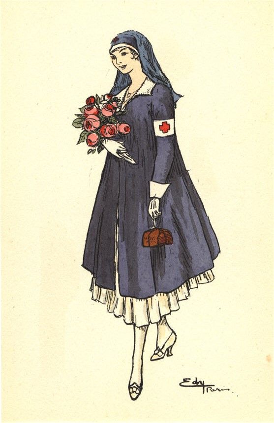 a drawing of a woman in a blue dress holding flowers and a red rose bouquet