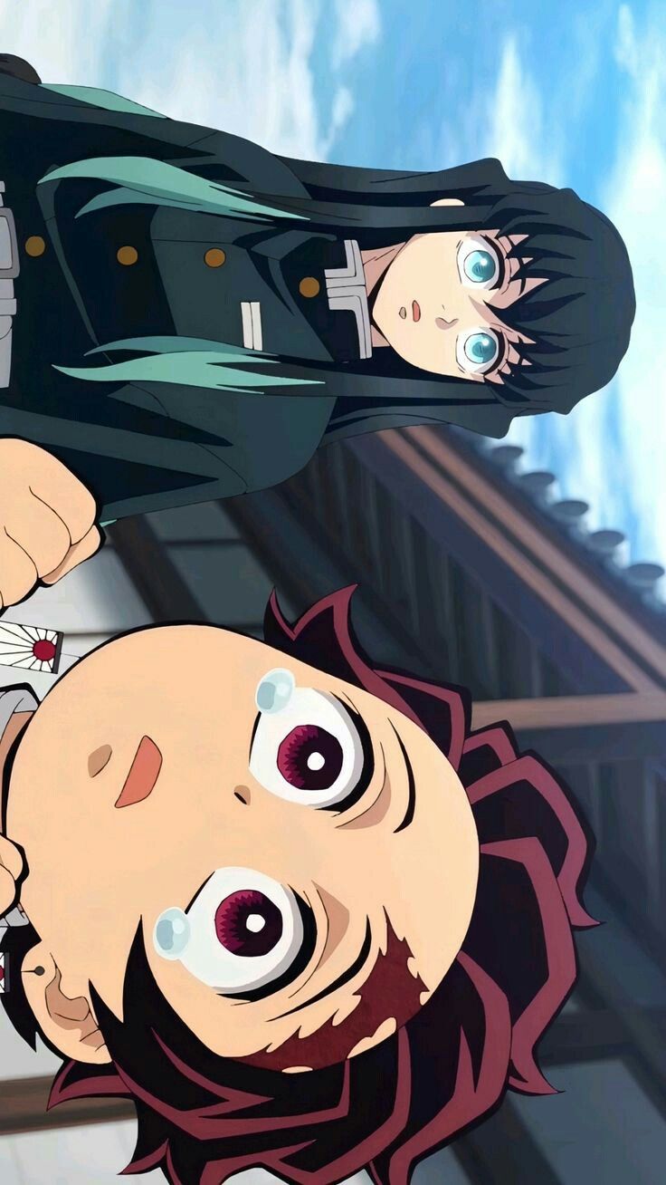 two anime characters one is upside down and the other has big eyes