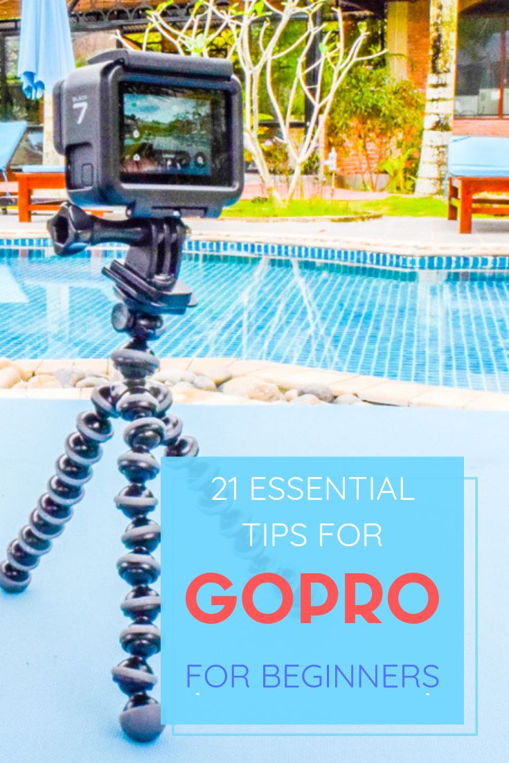 a tripod sitting next to a swimming pool with the words, 21 essential tips for gopro for beginners