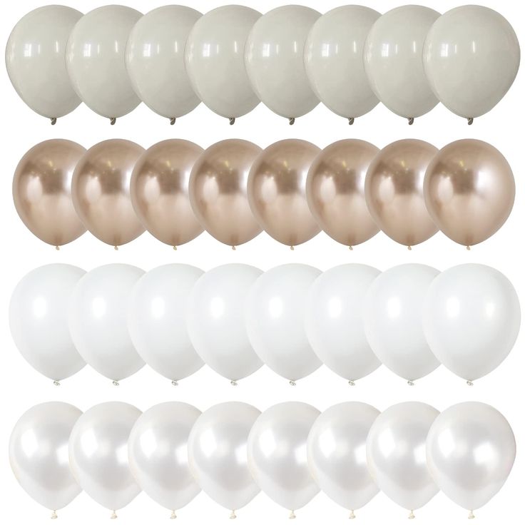 white and gold balloons are arranged in rows