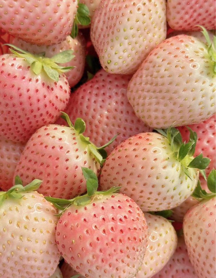 a pile of fresh strawberries with green leaves