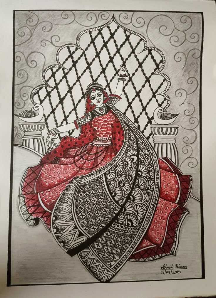 a drawing of a woman sitting on top of a chair with red and black designs