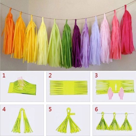 instructions for how to make tissue tassels hanging on a clothes line with yarn