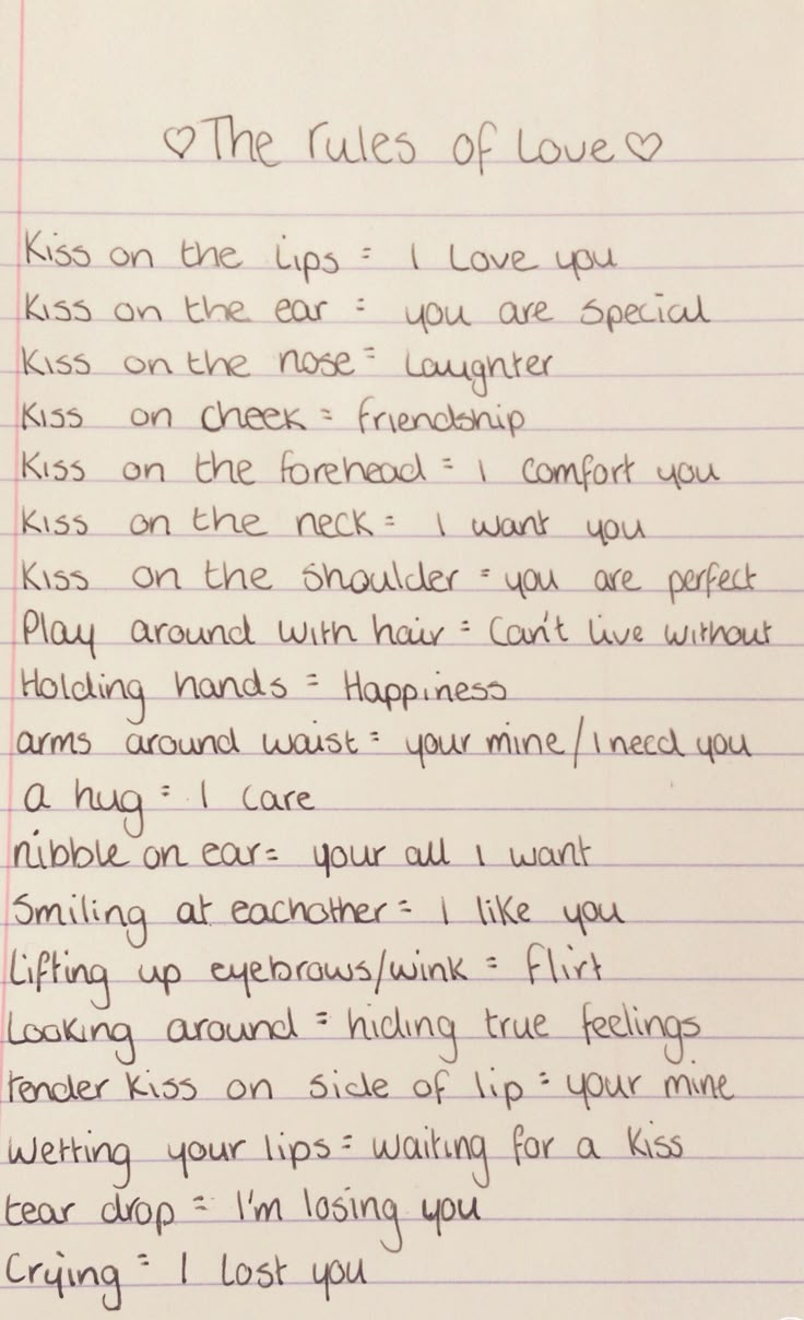 a piece of paper with writing on it that says, the rules of love kiss on the lips i love you