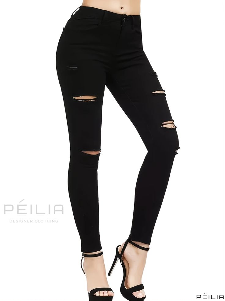 Peilia - Womens Black Distressed Denim Trousers, Skinny Fit with Ripped Details, Solid Stretch Fabric and Slant Pockets Trendy Stretch Jeans With Holes, Ripped Fitted Jeggings For Fall, High Rise Stretch Distressed Jeggings, Ripped Stretch Jeggings For Fall, Fitted High Rise Jeans With Holes, Fitted High-rise Jeans With Holes, Edgy Ripped Stretch Jeans, Ripped Non-stretch Jeans For Night Out, Non-stretch Ripped Jeans For Night Out