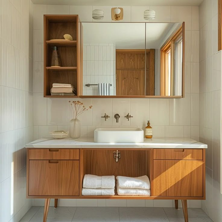 a bathroom with a sink, mirror and wooden cabinets