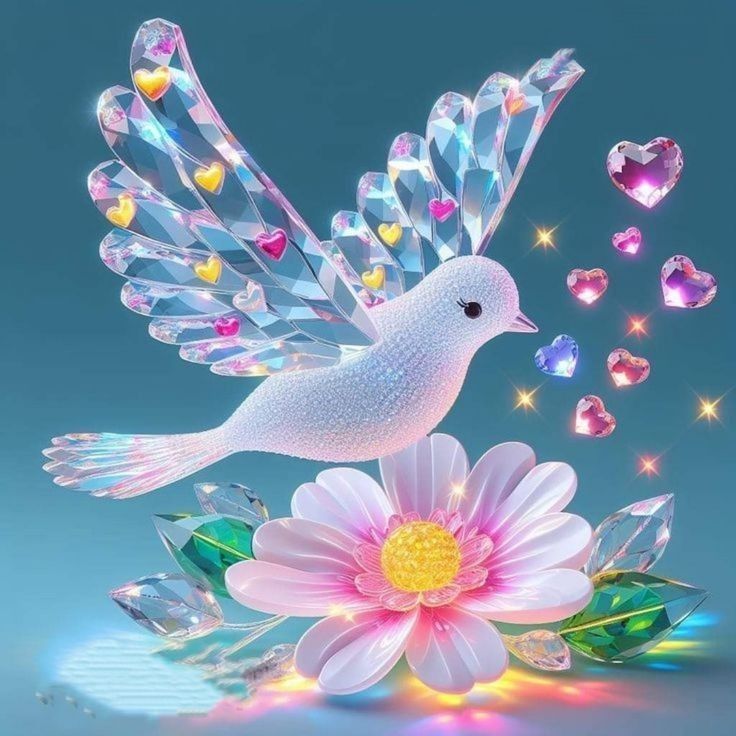 a white bird sitting on top of a flower surrounded by jewels and crystals in the shape of hearts