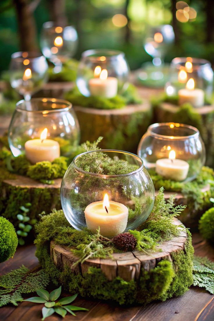 candles are lit in glass bowls with moss and pine cones