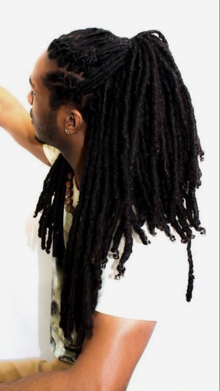 Locs Hairstyles Long Men, Locs In A Ponytail Men, Long Dreads Ponytail Men, Loc Hairstyles Men Long, Styled Locs Men, Black Man Dreads Aesthetic, Locs Men Long, Dreads In A Ponytail Men, Black Hairstyles Men Long