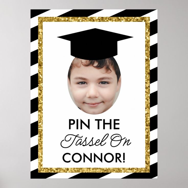 a black and gold graduation party sign with a photo of a child wearing a cap