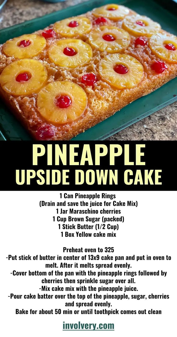 pineapple upside down cake recipe on a green tray with instructions to make it in the background