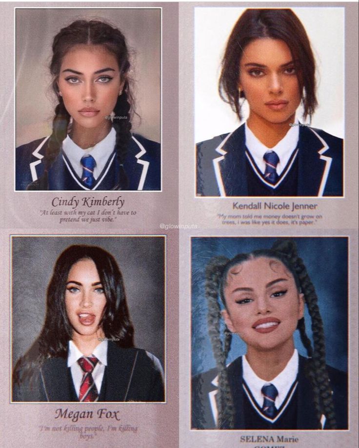 four girls in school uniforms with braids and ponytails on their heads are shown