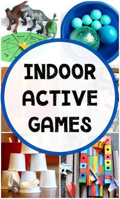 the words indoor active games are shown above pictures of toys and paper machs in blue circles