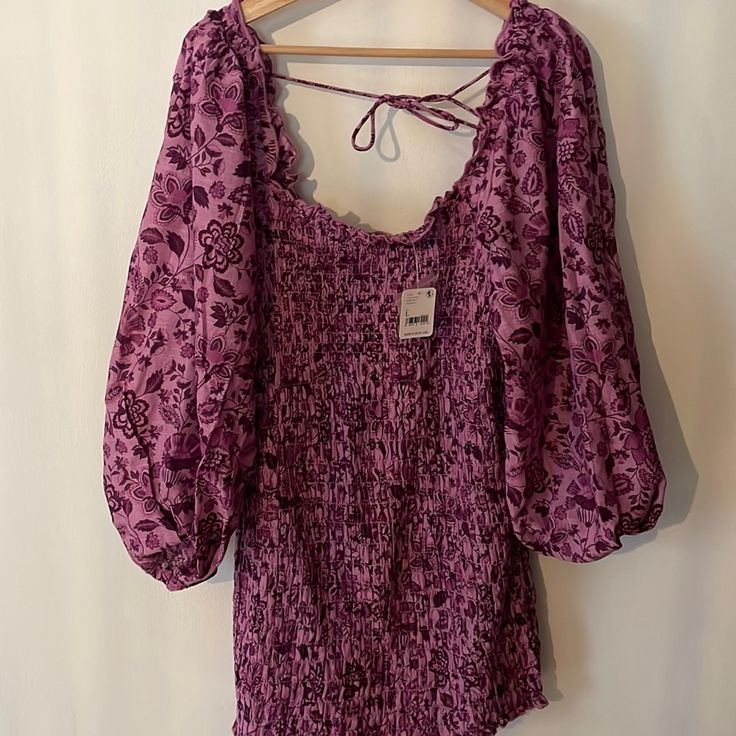 Free People Mini Dress With Long Sleeves Purple Chic Mini Dress With Square Neck, Chic Purple Mini Dress With Square Neck, Chic Purple Square Neck Mini Dress, Chic Purple Dress With Square Neck, Purple Long Sleeve Mini Dress For Brunch, Purple Flowy Dress For Date Night, Flowy Purple Dress For Date Night, Purple Ruched Mini Dress For The Beach, Purple Flowy Mini Dress For Vacation