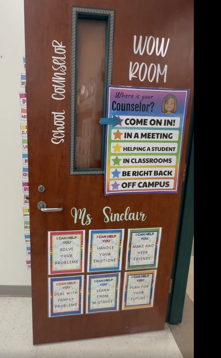 a classroom door with writing on the front and side panels that say, wow room