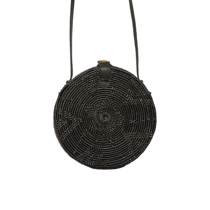 Round Rattan Black Leather Crossbody Bag Summer Evening Straw Bag With Bamboo Handle, Black Shoulder Bag With Bamboo Round Handle, Summer Evening Bag With Round Handle, Summer Black Shoulder Bag With Round Handle, Black Shoulder Bag With Bamboo Handle For Beach, Black Bag With Round Handle For Summer, Elegant Black Straw Bag, Black Straw Bag With Bamboo Handle For Travel, Black Crossbody Shoulder Bag For Summer