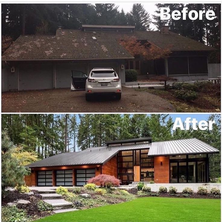 before and after photos of a modern house in the woods, with an open garage door