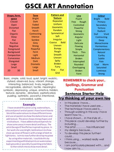 the gcse art annotation is shown in four different colors and styles