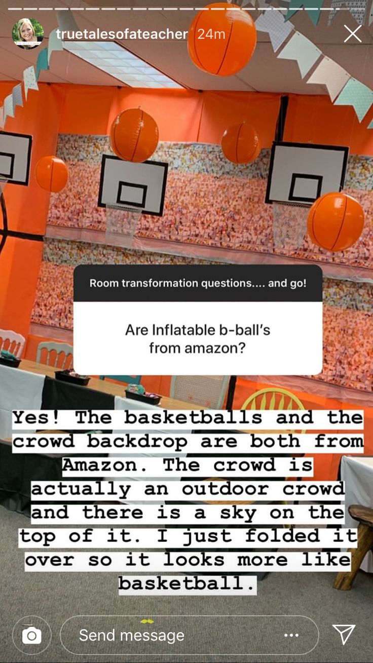 an orange room with basketballs hanging from the ceiling and texting on the wall