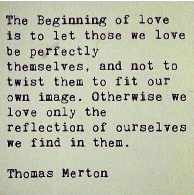 thomas merton's quote about love is shown in black and white ink on a piece of paper