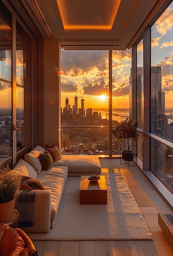 a living room filled with lots of furniture and tall buildings in the background at sunset