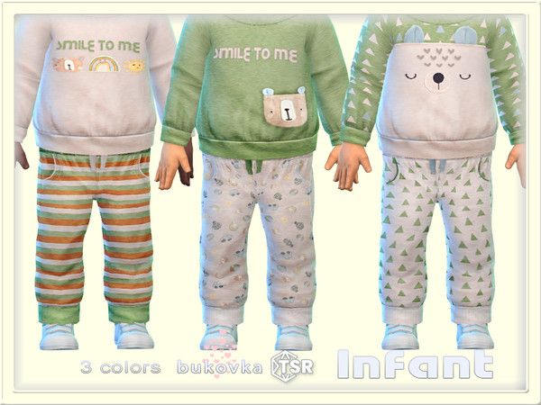 three children's pajamas with animals on them and the words smile to me in white