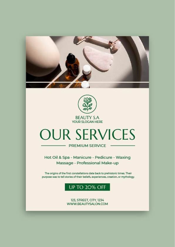 a flyer for a beauty salon with the words our services written in green and white