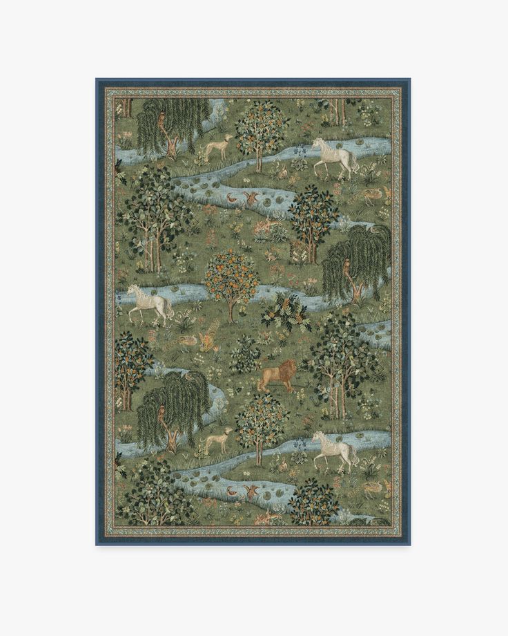 an image of a tapestry with horses and trees in the woods on green grounding