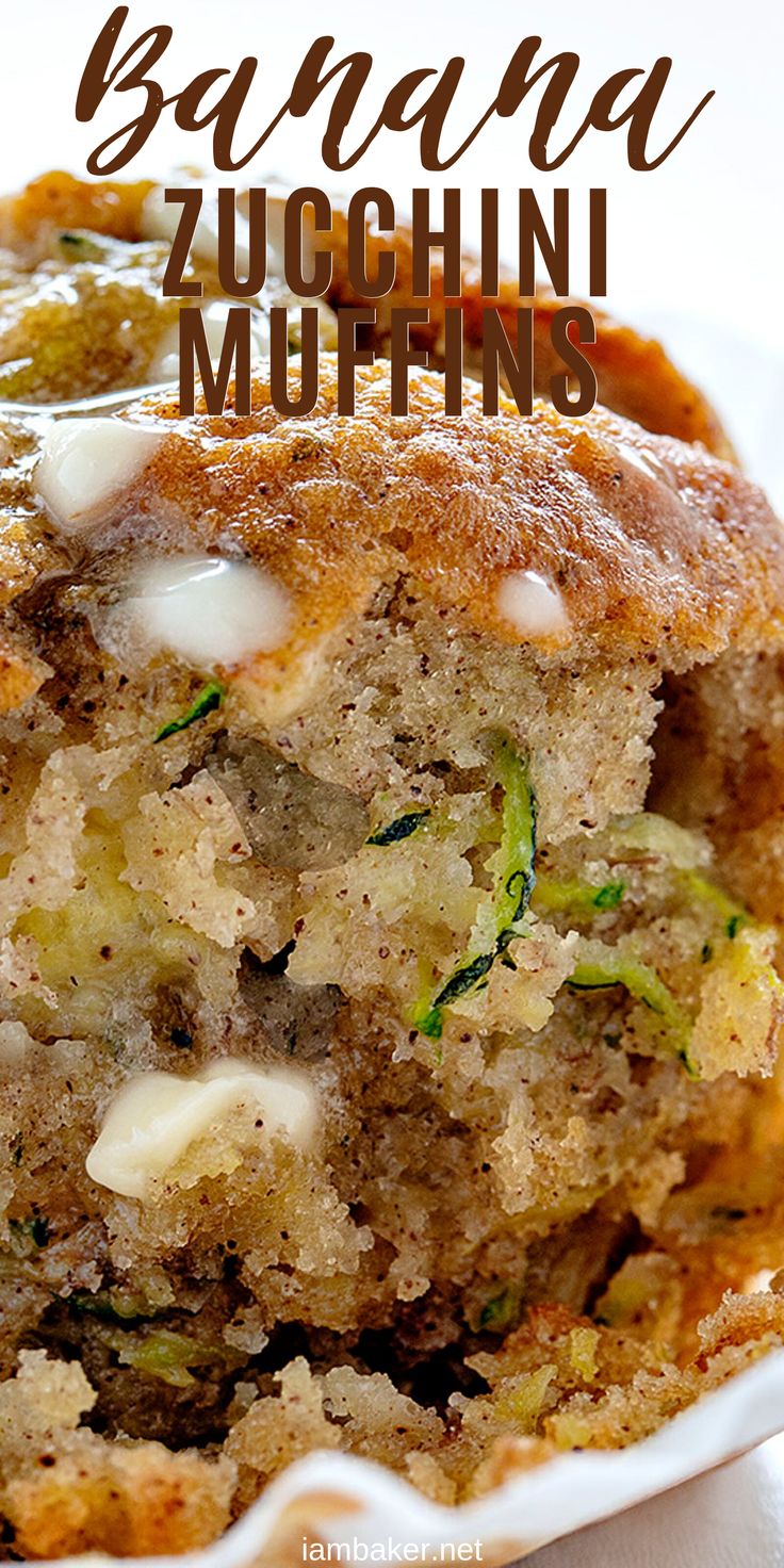 a close up of a muffin on a plate with the words baking zucchini muffins