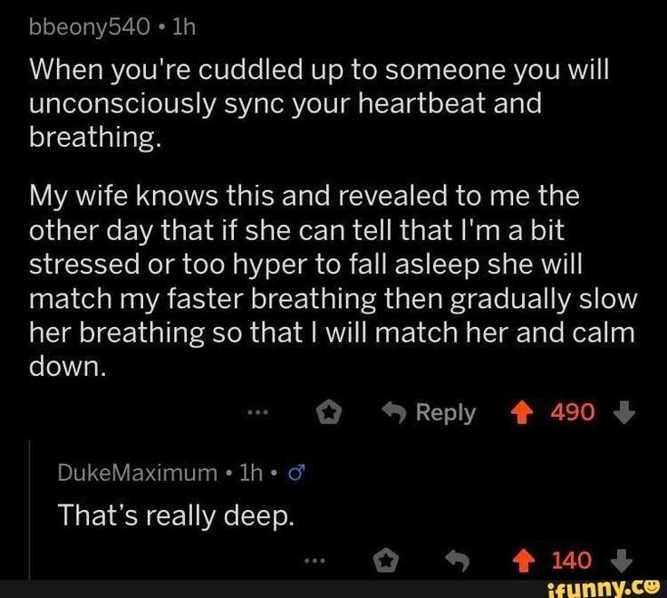 the text on the screen reads, when you're cuddled up to someone you will unconsciously sync your heartbeat and breathing