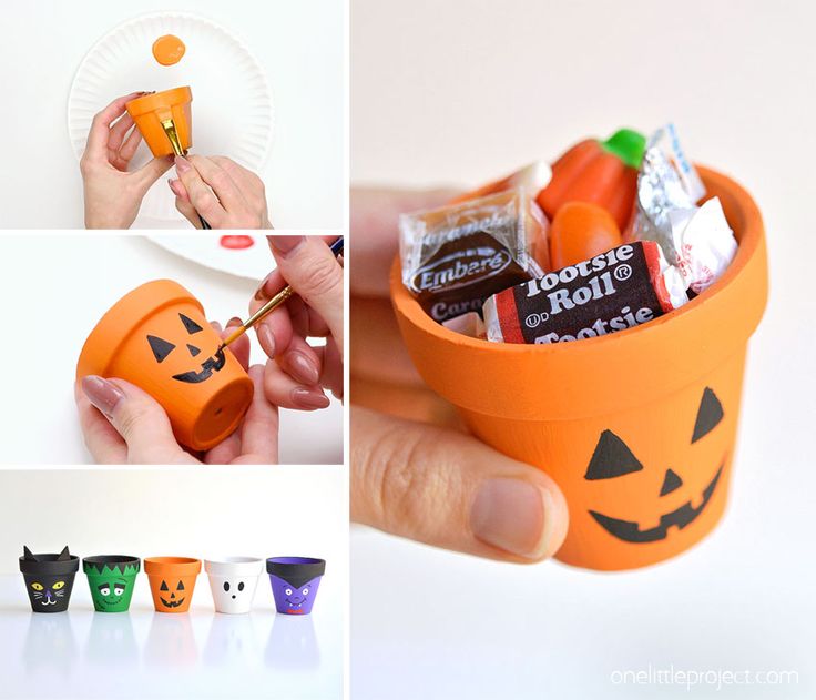 there are many different pictures of halloween treats in the cup, and one is holding a candy bar