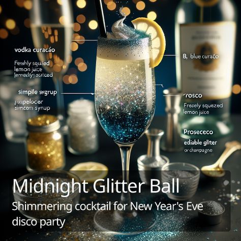 an advertisement for a new year's eve party with champagne and glitter in it