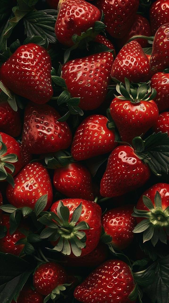 a large group of red strawberries with green leaves on the top and bottom half