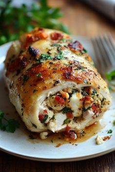 a white plate topped with chicken covered in sauce and garnished with parsley