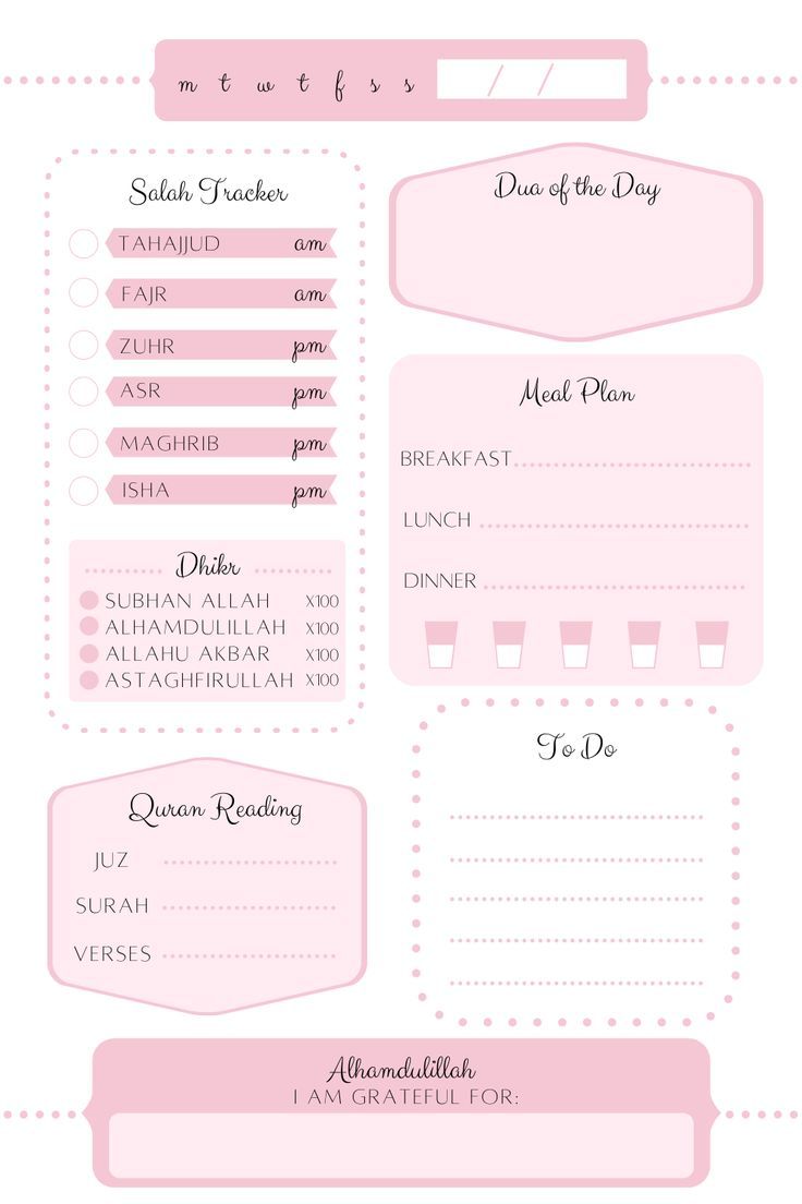 a pink and white printable planner with the words, date and time on it