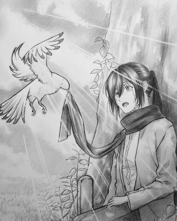 a drawing of a girl with an eagle on her shoulder and another bird in the background