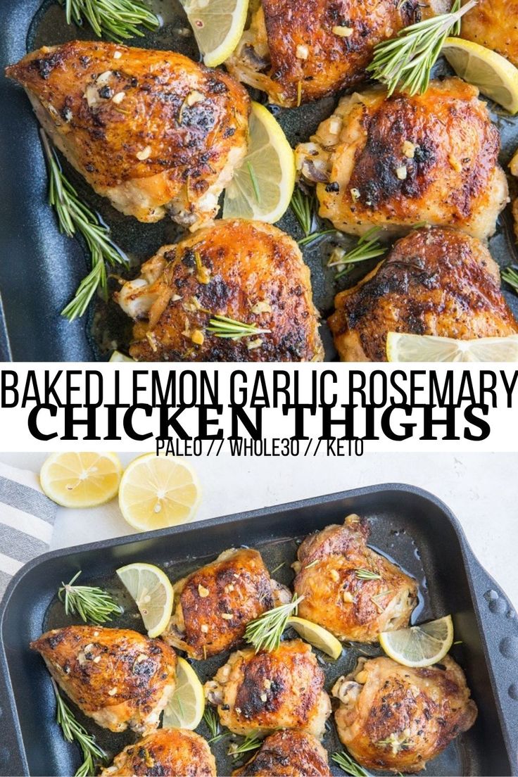 baked lemon garlic rosemary chicken thighs in a baking pan